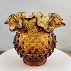 Amber/Autumn Gold Fenton Glass Hobnail  Ruffled/Crimped Edge Vase