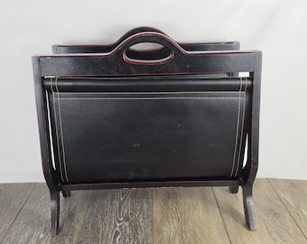 Vintage Black/Red Leather Magazine Rack - MCM Newspaper Caddy -  READ