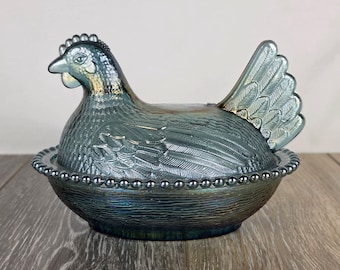 Indiana Blue Iridescent Glass Hen on Nest Covered Candy Dish – READ