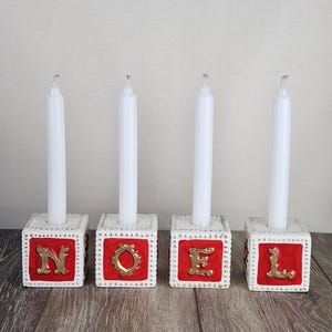 1962 Noel Block Candle Holders Christmas Holiday Red Gold Vintage Taper Holders