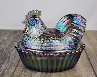 Smoke Carnival Glass Rooster on Nest - Covered Dish - 5.5"