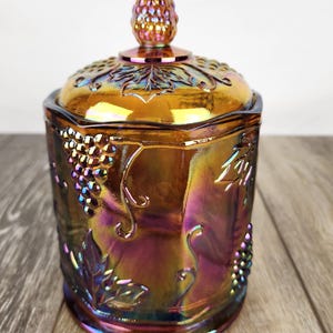 Indiana Marigold Carnival Glass Grape Harvest Lidded Canister 7&quot; Iridescent Storage Jar