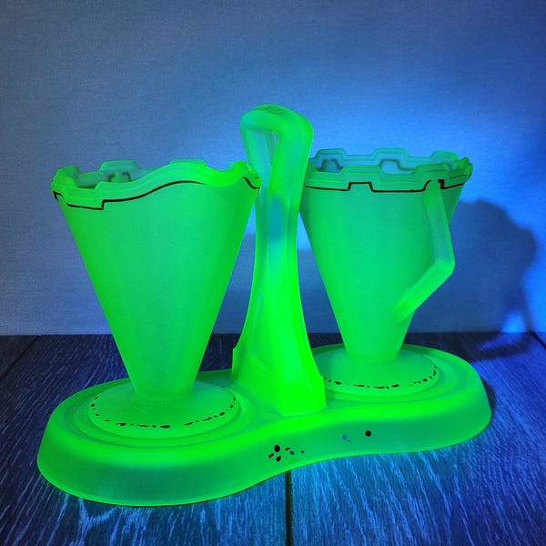 Satin Painted Uranium Depression Glass Creamer & Sugar Caddy Set - Vintage