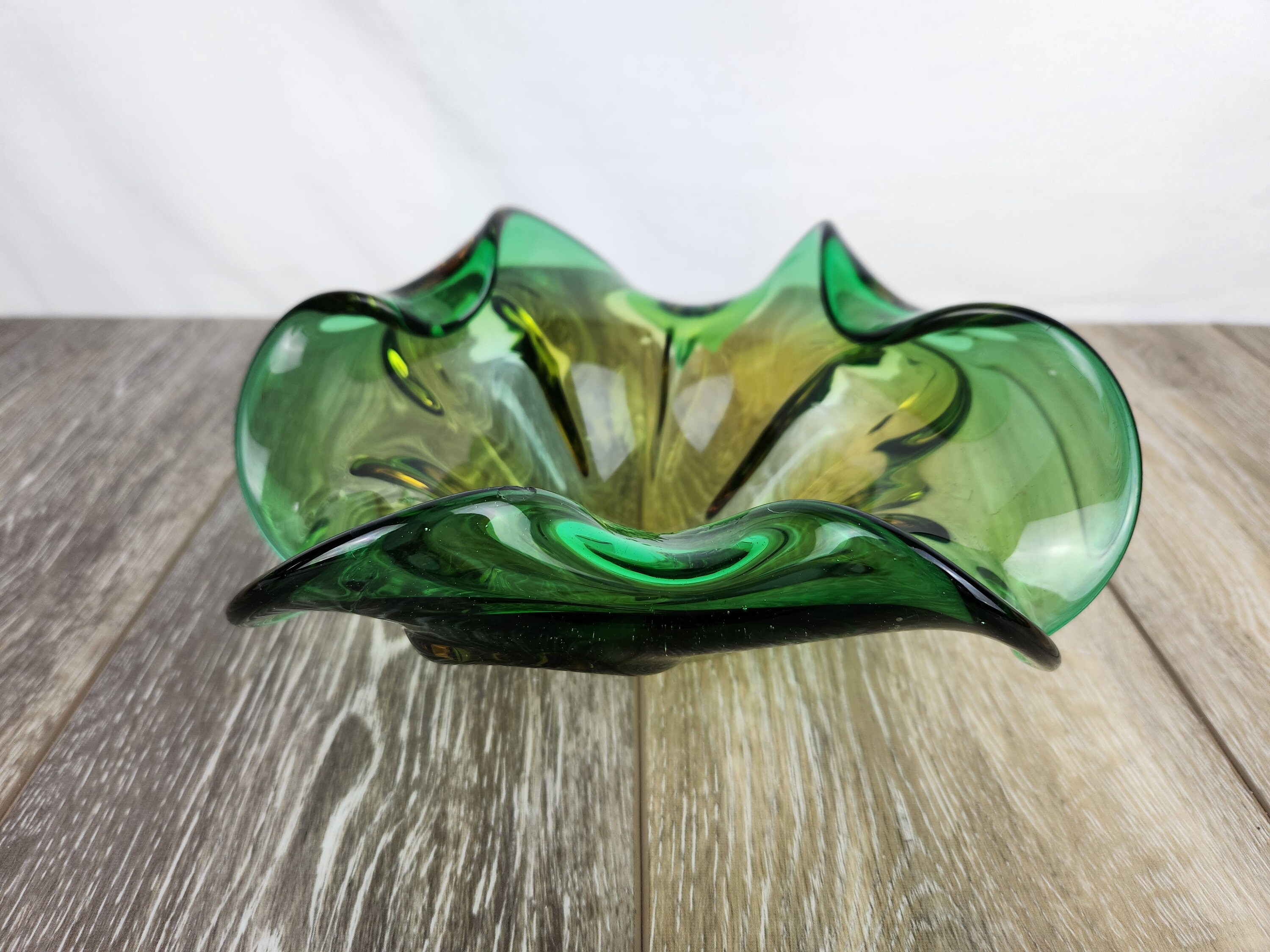 Murano Green Art Glass Bowl Decorative Heavy Green Glass Art Bowl
