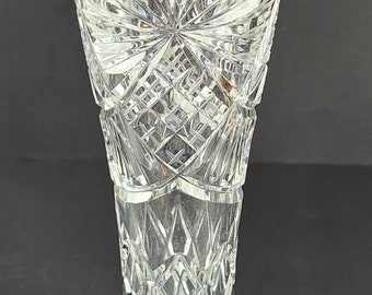 10' Clear Crystal Diamond Cut Flared Pedestal Vase Vintage