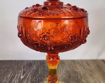 Fenton Amberina Glass Cabbage Rose Lidded Candy Dish -  GLOWS!