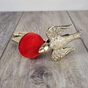 Victorian Style Brass Clamp Sewing Bird Pin Cushion for Quilting and Needlework