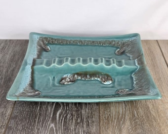 1950's Square Turquoise Drip Glaze Ceramic Ashtray - Retro Tobacciana - READ
