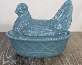 Georgia Blue Glass Hen on Woven Nest – Lidded Candy or Trinket Dish 5.5