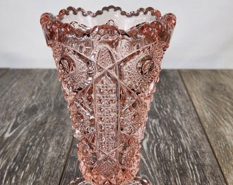 Pink Depression Glass Hobstar & Daisy Button Sawtooth Vase - 6" Romantic Decor