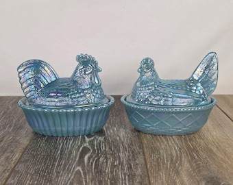 Georgia Blue Carnival Glass Hen & Rooster on Nest - Lidded Trinket Dish 5.5"