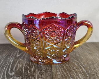 Retro Heirloom Sunset Carnival Glass Open Sugar Bowl - GLOWS!