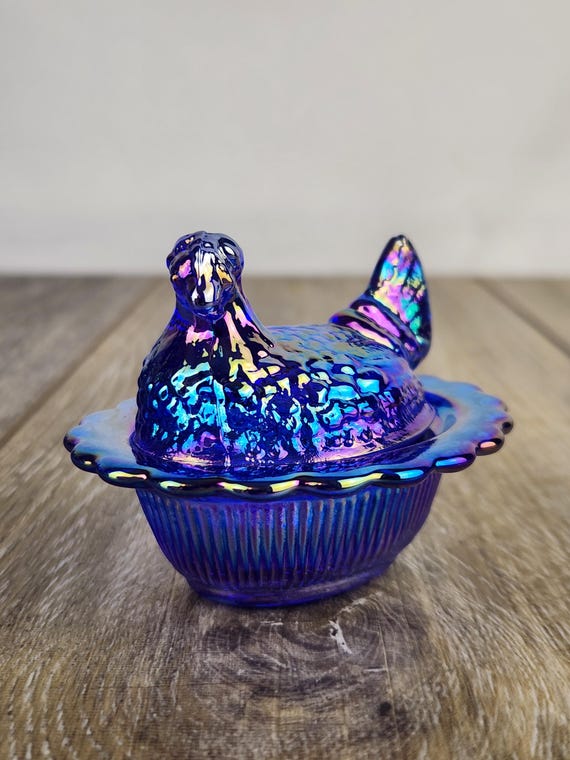 Mini Cobalt Carnival Glass Hen on Nest - Ruffled Edge Salt Cellar