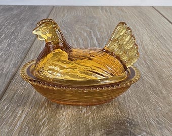 Mini Harvest Gold UV Glass Hen on Beaded Nest Salt Cellar  2.75" -  GLOWS!