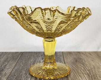 Vintage Imperial Heavy Amber Yellow Depression Glass Compote Candy Dish