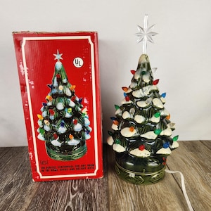 Vintage Ceramic Christmas Tree in Original Box 11” Snowy Tips - WORKS!