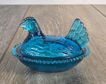 Mini Azure Blue Glass Hen on Beaded Nest Salt Cellar  2.75" - Whimsical Decor
