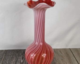 Cranberry Spiral Hand Blown Glass Candy Cane Vase 9.75"
