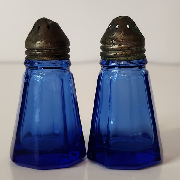 Vintage Cobalt Blue Glass Hazel Atlas 3" Salt and Pepper Shakers Octagon Shape