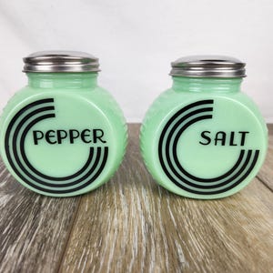 Large Jadeite Salt & Pepper Shakers Green Glass Ribbed Round  4.75&quot; Tall