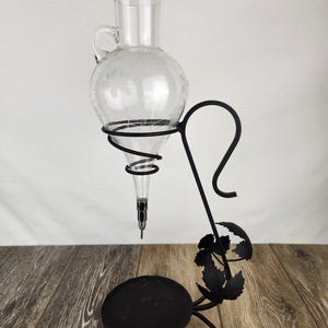 Vintage Glass Wine Aerator Decanter with Wrought Iron Stand – Brandy or Red Wine Pourer Display