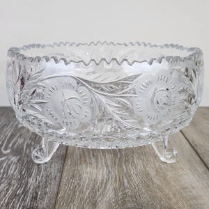 Vintage Heavy Cut Crystal Etched Glass Bowl with Feet Floral Footed Centerpiece Dish