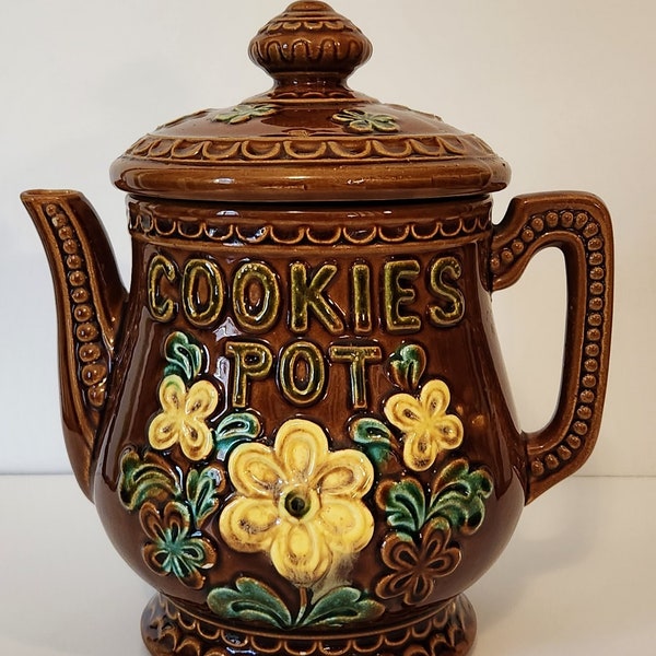 Vintage 70's Retro Brown Floral Ceramic Teapot Cookie Jar - Japan