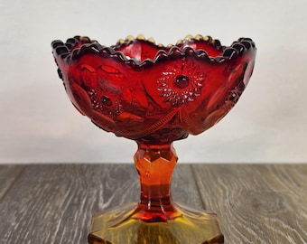 Plato retro de cristal Amberina con diseño de molinillo y dientes de sierra para dulces o compota - ¡BRILLA EN LA PANTALLA!