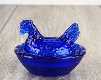 Cobalt Blue Glass Mini Hen on Nest Covered Salt Cellar 2.5"