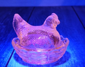 Lime Green Glass Mini Hen on Nest Covered Candy Dish 3.5" - Glows! READ