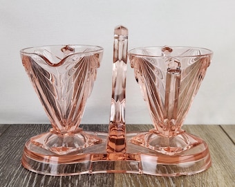 Pirámide piramidal Art Déco de cristal rosa antiguo de la época de la Gran Depresión con caja para crema y azúcar. LEER