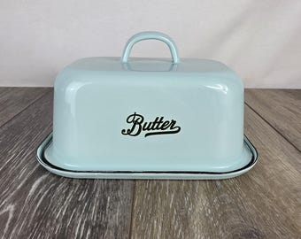 Blue Enamelware Covered Butter Dish with Lid - Retro Kitchenware