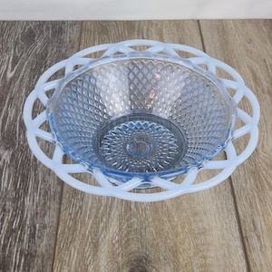 May include: A light blue glass bowl with a diamond pattern and a white, openwork rim. The bowl has a circular base with a detailed design. The bowl is sitting on a wooden surface.