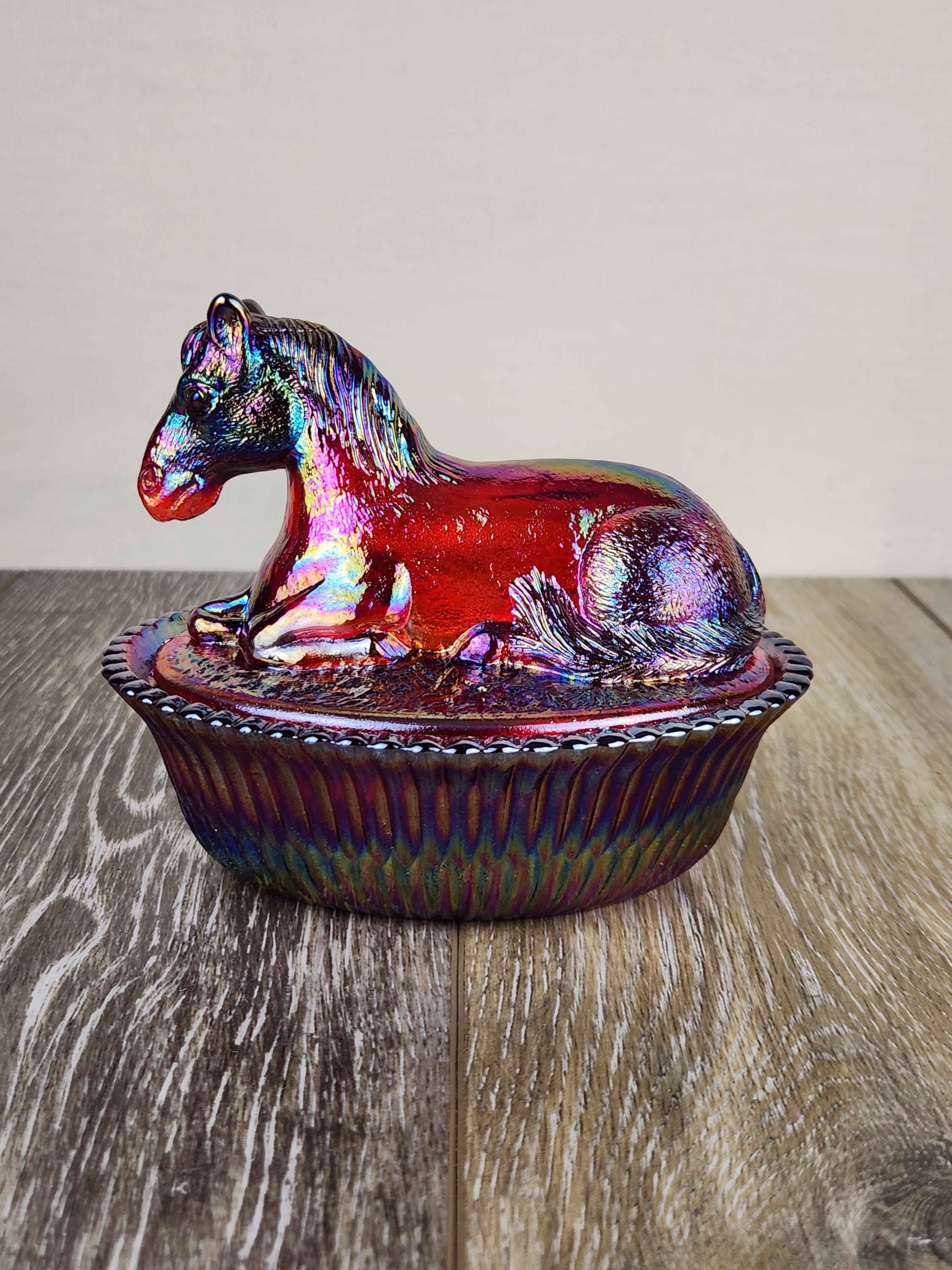 Ruby Red Carnival Glass Resting Pony Covered Trinket Candy Dish