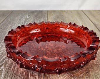 Fenton Ruby Red Heavy Glass Cabbage Rose Ashtray - GLOWS!