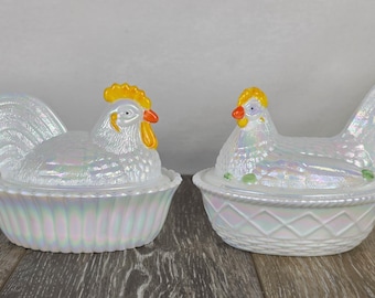 RARE Signed/Numbered #51/100 Pearl Carnival Painted Hen & Rooster on Nest