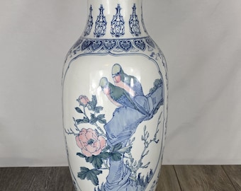 Vintage Chinese Porcelain Floor Vase - 24" Blue & White Lovebirds
