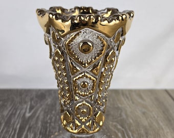 Imperial Glass Gold Trimmed Geometric Starburst Vase - 6" Retro Decor