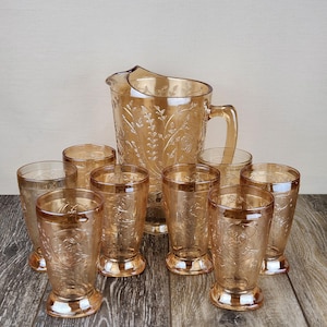 Jeannette Glass Luisa Floragold Iridescent Depression Glass Pitcher & 8 Piece Cup Set