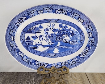 Bandeja ovalada Blue Willow para servir, bandeja de porcelana Blue Transferware de 34 cm (13,5") LEER