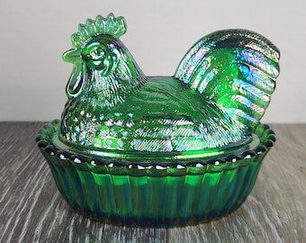 Emerald Green Carnival Glass Rooster on Basket – Covered Dish – 5.5”