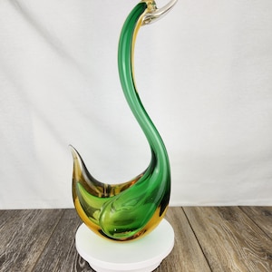 Murano Glass Swan, Sommerso Style Green Yellow and Clear Glass Swan, Circa 1950s Heavy