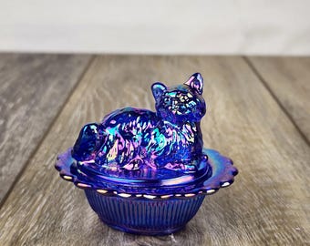 Mini Cobalt Carnival Glass Cat on Basket - Kitty Salt Cellar / Trinket Box -READ