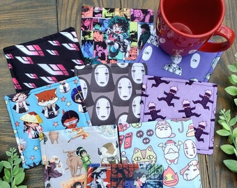 Anime Coasters, Japanese Fabric Coasters, Cloth Coasters, Mug Rug, Eco-Friendly Coasters, Drink, Hostess Gift, DragonBall, Spirited Away