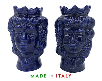 Sicilian moors head, Ceramic head vase, Moro's head in blue ceramic, Sicialian ceramics italian, Hand-modelled ceramics h13 cm, 5,1"