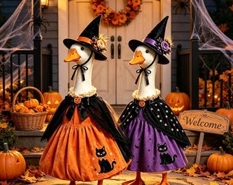 Costume d'oie sorcière d'Halloween pour oie de jardin de 58 cm, robe citrouille vintage, décoration de porche saisonnière et de jardin d'Halloween