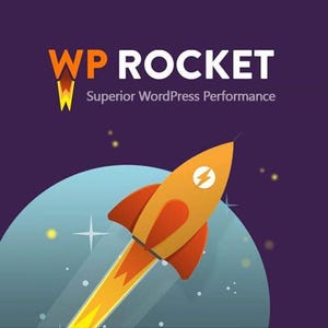 May include: A yellow and orange rocket with a lightning bolt logo, flying through space with a trail of fire. The text "WP ROCKET" and "Superior WordPress Performance" are displayed above the rocket.