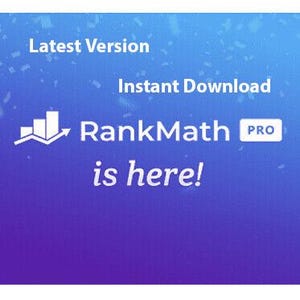 May include: A blue and purple gradient background with white text that reads "Latest Version", "Instant Download", "RankMath PRO is here!" and a white icon of a bar graph with an upward arrow.