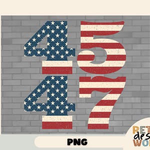May include: A digital image of the numbers 4, 5, and 7 in a red, white and blue American flag pattern. The numbers are on a grey brick background.