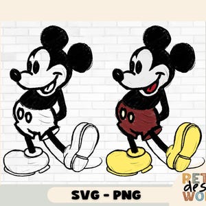 Könnte beinhalten: Zwei schwarz-weiße Comiczeichnungen von Mickey Mouse. Ein Mickey Mouse trägt rote Shorts und der andere weiße Shorts. Beide Mickey Mouse-Charaktere lächeln und haben große, runde Ohren.